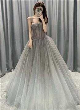 Picture of Pretty Grey Gradient Straps Tulle Long Formal Gown, Tulle Formal Dress